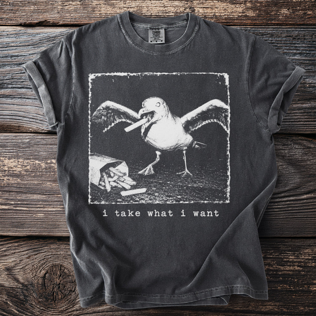 Dark t-shirt with graphic of a seagull eating french fries, text "i take what i want".