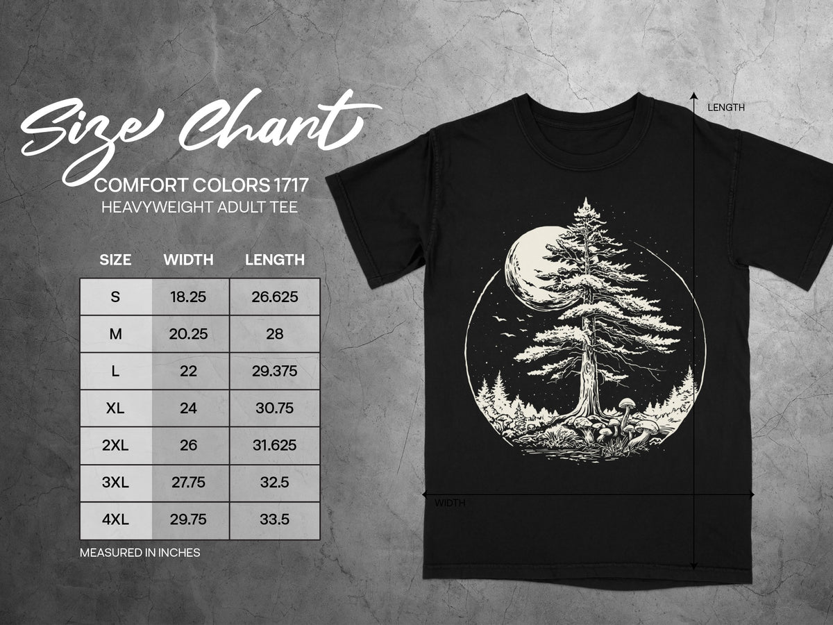 Comfort Colors 1717 heavyweight adult tee size chart showing width and length measurements in inches.