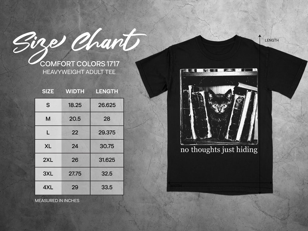 Comfort Colors 1717 garment size chart in inches.