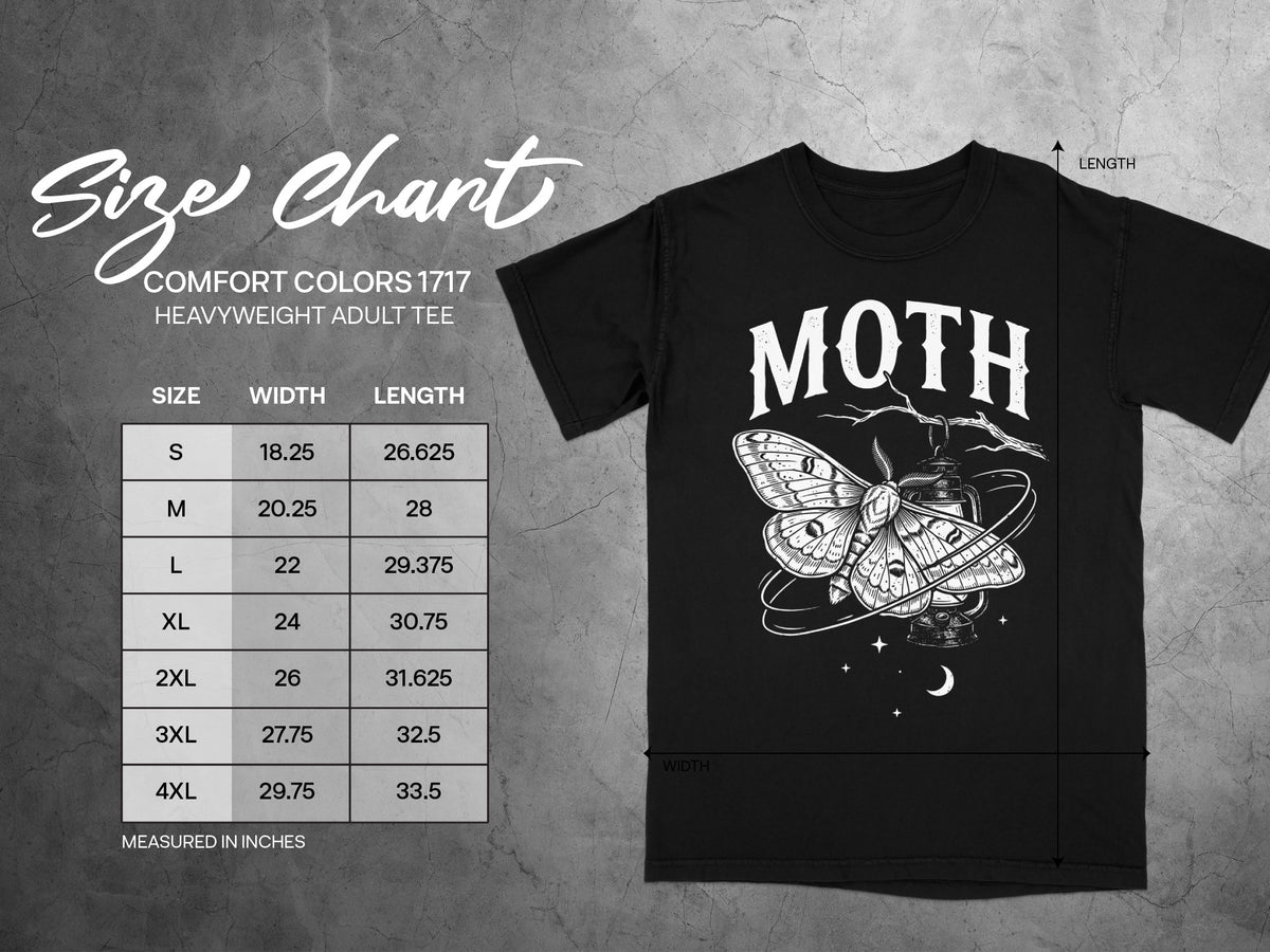 Size chart for Comfort Colors 1717 heavyweight adult tee with moth graphic.