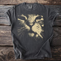 Dark t-shirt with a close-up graphic of a cat's face, smoking a cigarette.