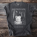 Dark grey t-shirt with a graphic of a reel-to-reel tape recorder on a tree stump in a forest.