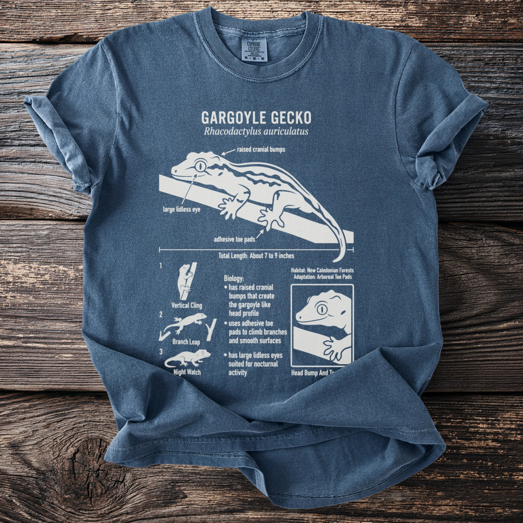 T-shirt with white scientific illustration of a gargoyle gecko and its features.