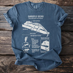 T-shirt with white scientific illustration of a gargoyle gecko and its features.