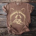 Brown t-shirt with a graphic of a raccoon eating pizza.