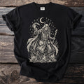 Black t-shirt with a pagan wizard and runes design, featuring a fox and snake.