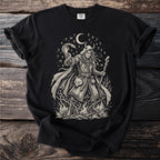 Black t-shirt with a pagan wizard and runes design, featuring a fox and snake.