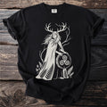 Black t-shirt featuring a white graphic of a woman with antlers and a triskele shield.