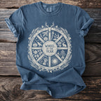 Blue t-shirt featuring a circular "Wheel of the Year" design with pagan holiday names.
