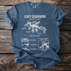Blue t-shirt with scientific illustration and text about the Leafy Seadragon.