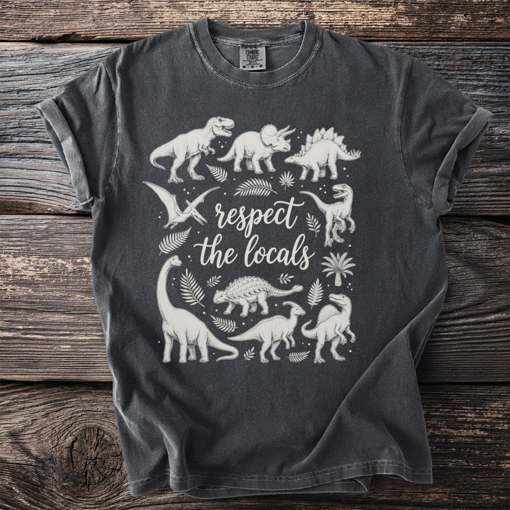Gray t-shirt with a vintage dinosaur graphic and the text "respect the locals".