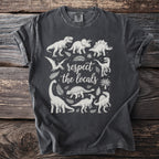Gray t-shirt with a vintage dinosaur graphic and the text "respect the locals".