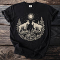 Black t-shirt with cream graphic of two goats facing each other under a sun.