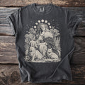 Dark grey t-shirt with line art of a woman with moon phases, cats, and flowers.