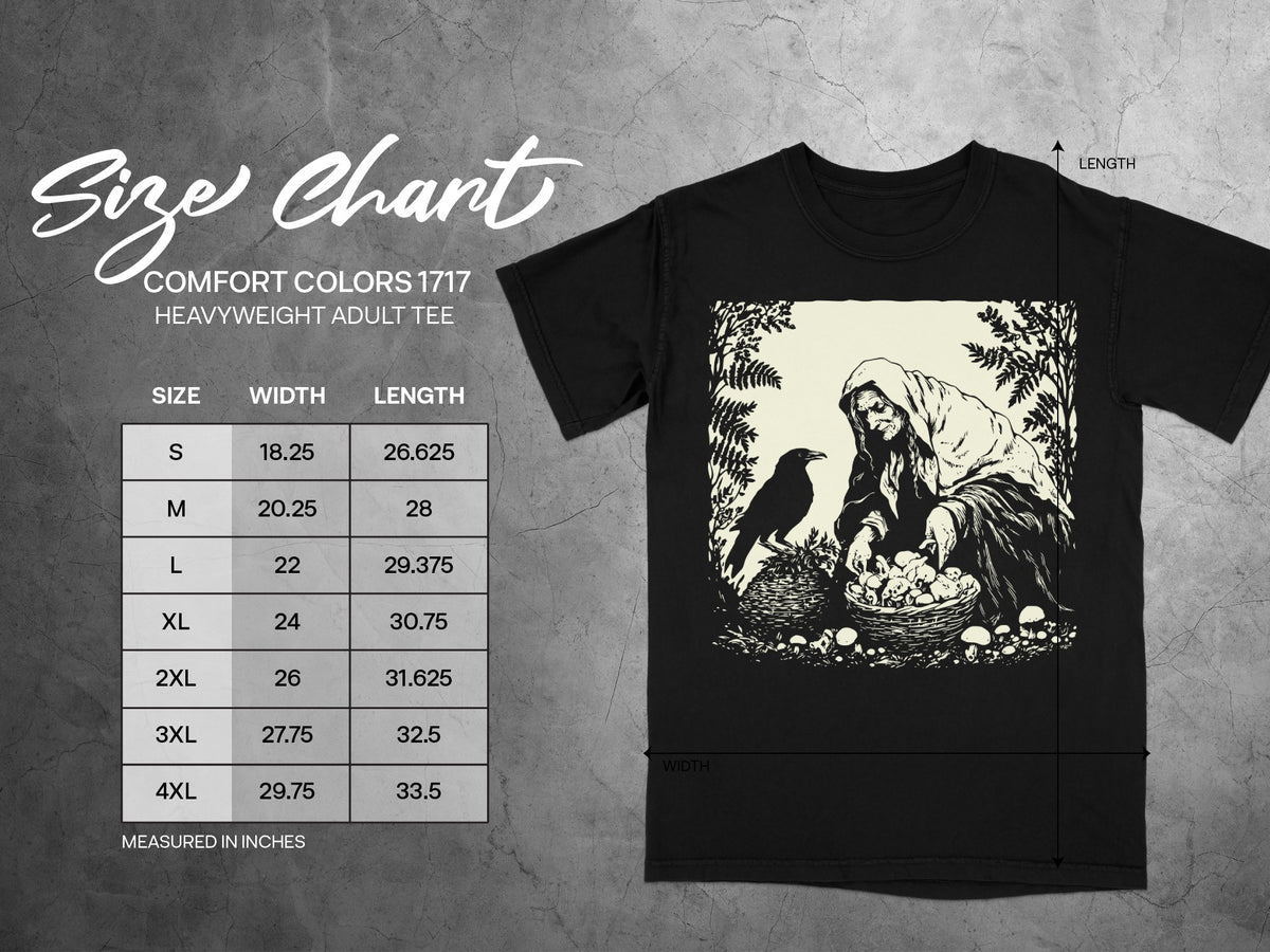 Comfort Colors 1717 heavyweight adult tee size chart with width and length measurements in inches.