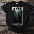 Black t-shirt with R'LYEH and dark pyramid illustration, text "THE DROWNED CHOIR EVEN DEATH MAY DIE".