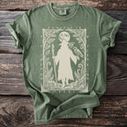 Green t-shirt with cream print of a wizard, two ravens, and runes.