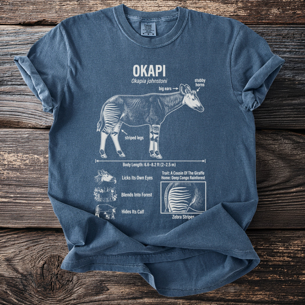 Okapi scientific illustration with facts on a vintage blue t-shirt.