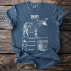 Okapi scientific illustration with facts on a vintage blue t-shirt.