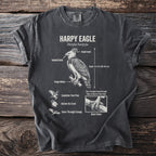 Harpy Eagle anatomy diagram with hooked beak, head crest, and talons.
