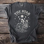 Dark gray t-shirt with "The Star tarot card arcana hope celestial" and tarot imagery.