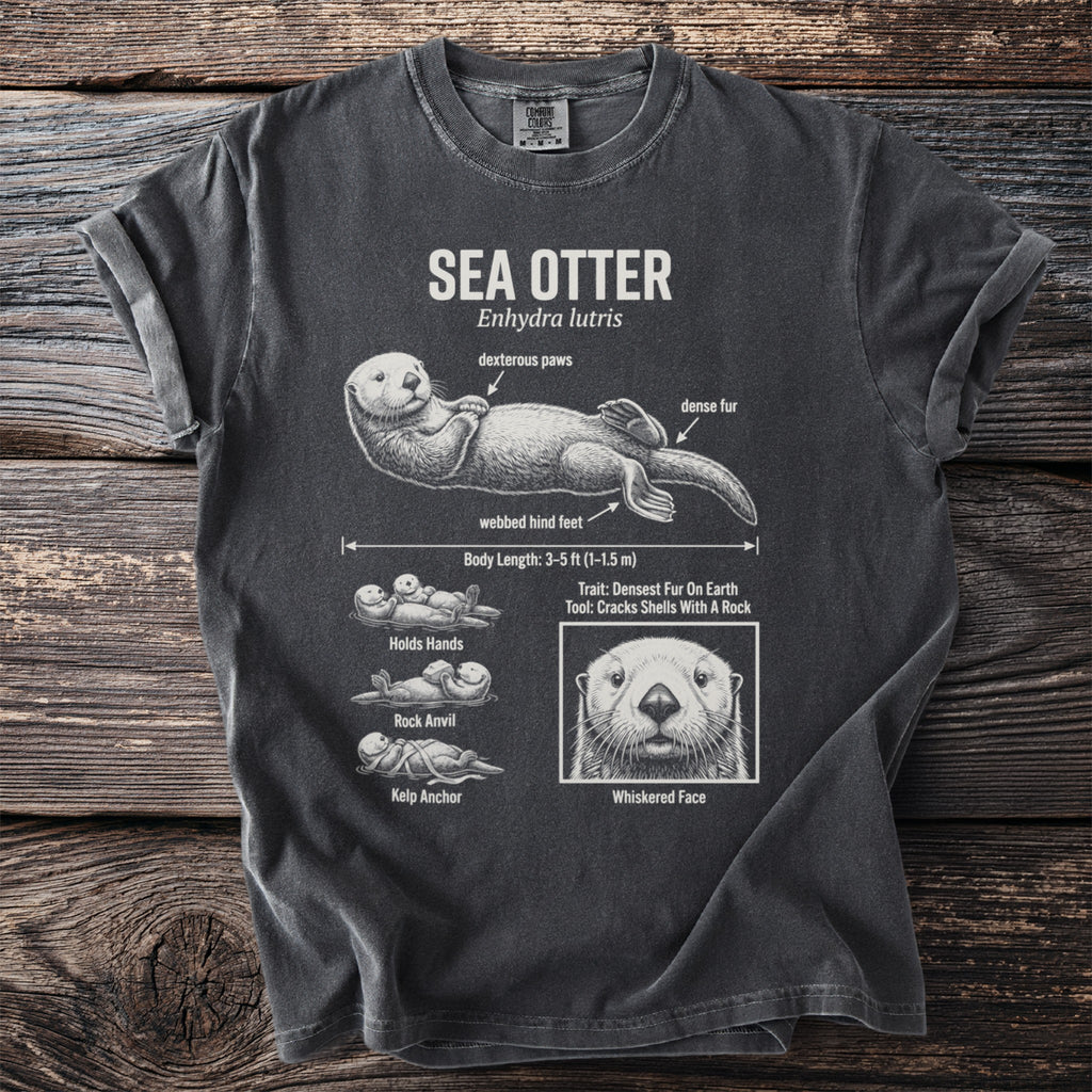 Sea otter diagram on a dark t-shirt showing its features and behaviors.