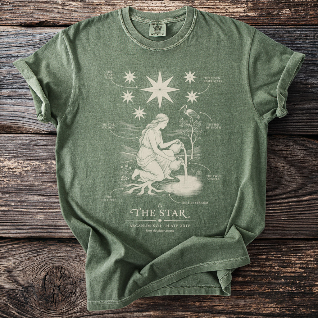 Green t-shirt with "The Star" Arcanum XVII design featuring a maiden, stars, and text.