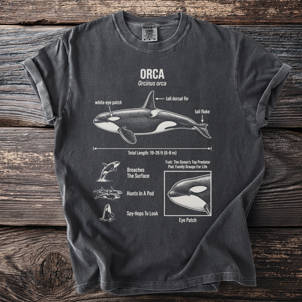 Orca anatomy diagram on a grey t-shirt featuring scientific facts and illustrations of orcas.