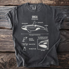 Orca anatomy diagram on a grey t-shirt featuring scientific facts and illustrations of orcas.