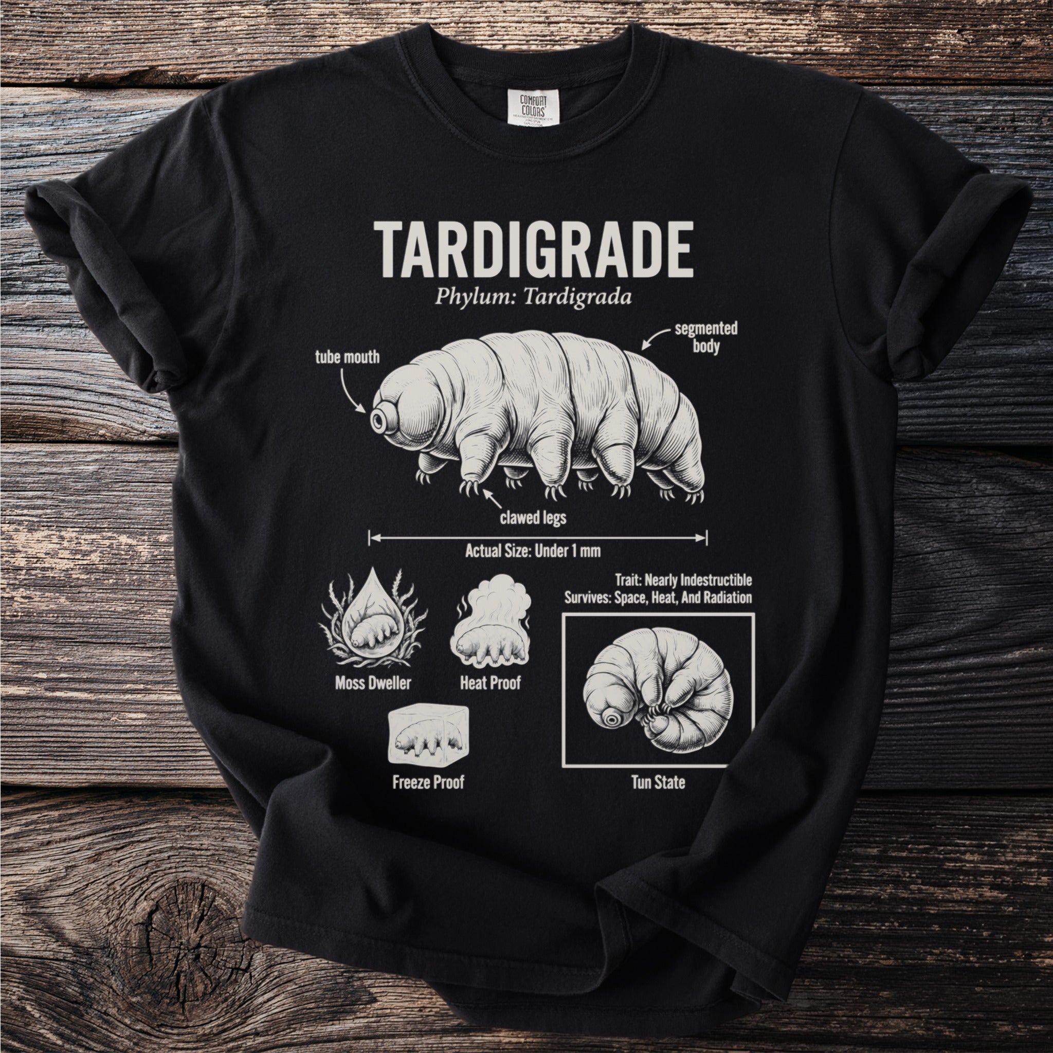Black t-shirt featuring a detailed diagram of a tardigrade with labels.