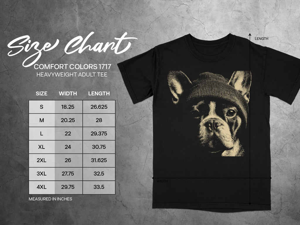 Comfort Colors 1717 heavyweight adult tee size chart with French bulldog graphic.