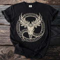 Black t-shirt with a circular design of a deer skull, antlers, pine cones, and runes.