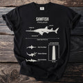 Black t-shirt with a diagram of a sawfish, its features, and behaviors.