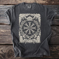 Dark t-shirt with graphic of Helm of Awe, Viking helmet, axes, and runes.