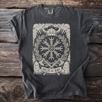 Dark t-shirt with graphic of Helm of Awe, Viking helmet, axes, and runes.