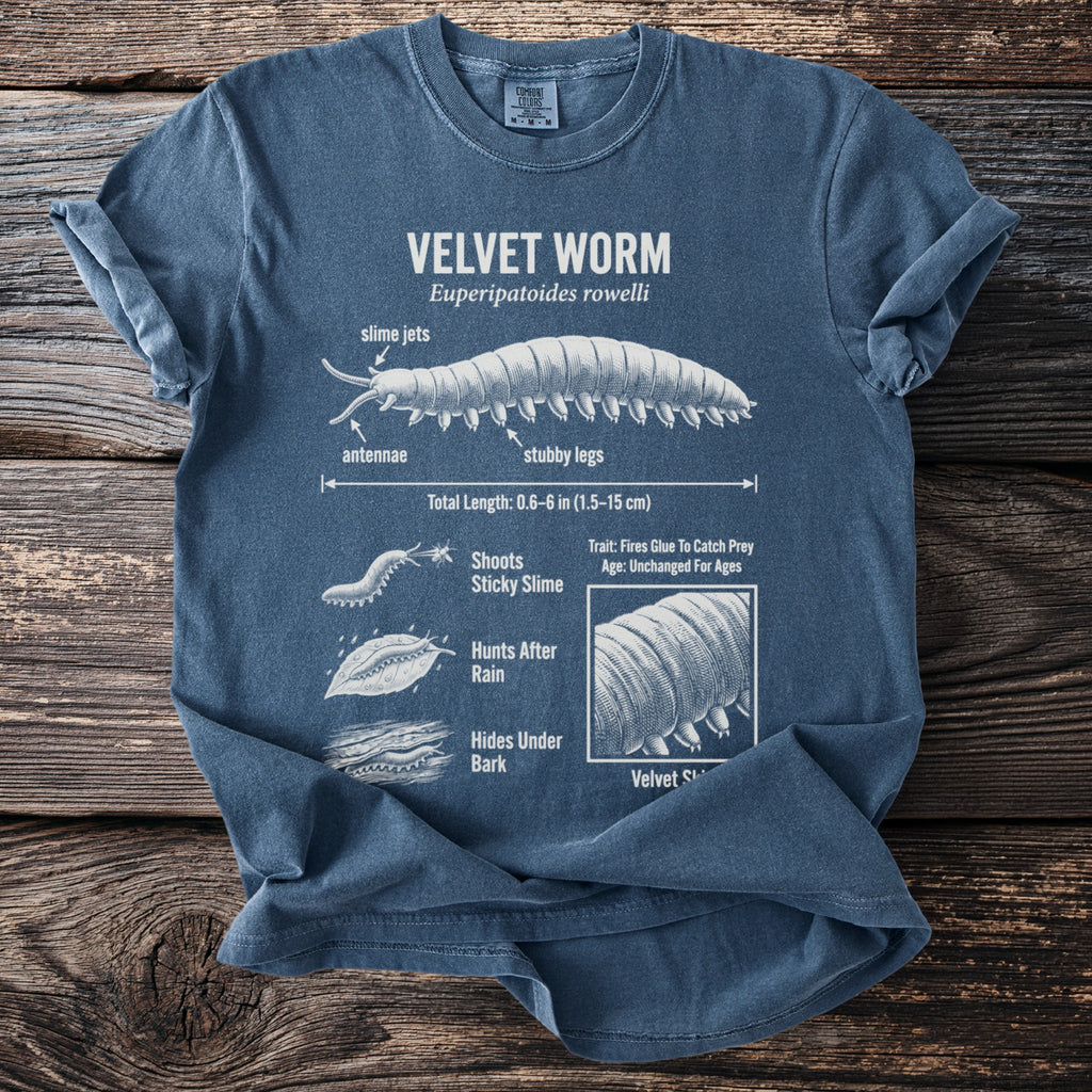 T-shirt with diagram of a velvet worm, labeled with its scientific name and features.