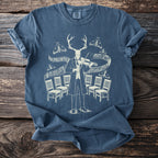 Deer skull man playing violin surrounded by moths and chairs on musical notes.