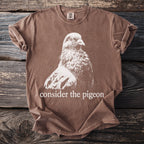Brown t-shirt with white graphic of a pigeon and text "consider the pigeon".