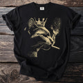 Black t-shirt with gold distressed print of a crowned cat smoking a cigarette.