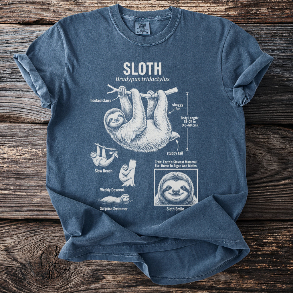 Blue t-shirt graphic with sloth illustration and facts about sloths.