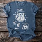 Blue t-shirt graphic with sloth illustration and facts about sloths.