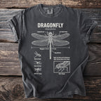 Dark t-shirt featuring a white dragonfly diagram with anatomical labels and behavioral descriptions.