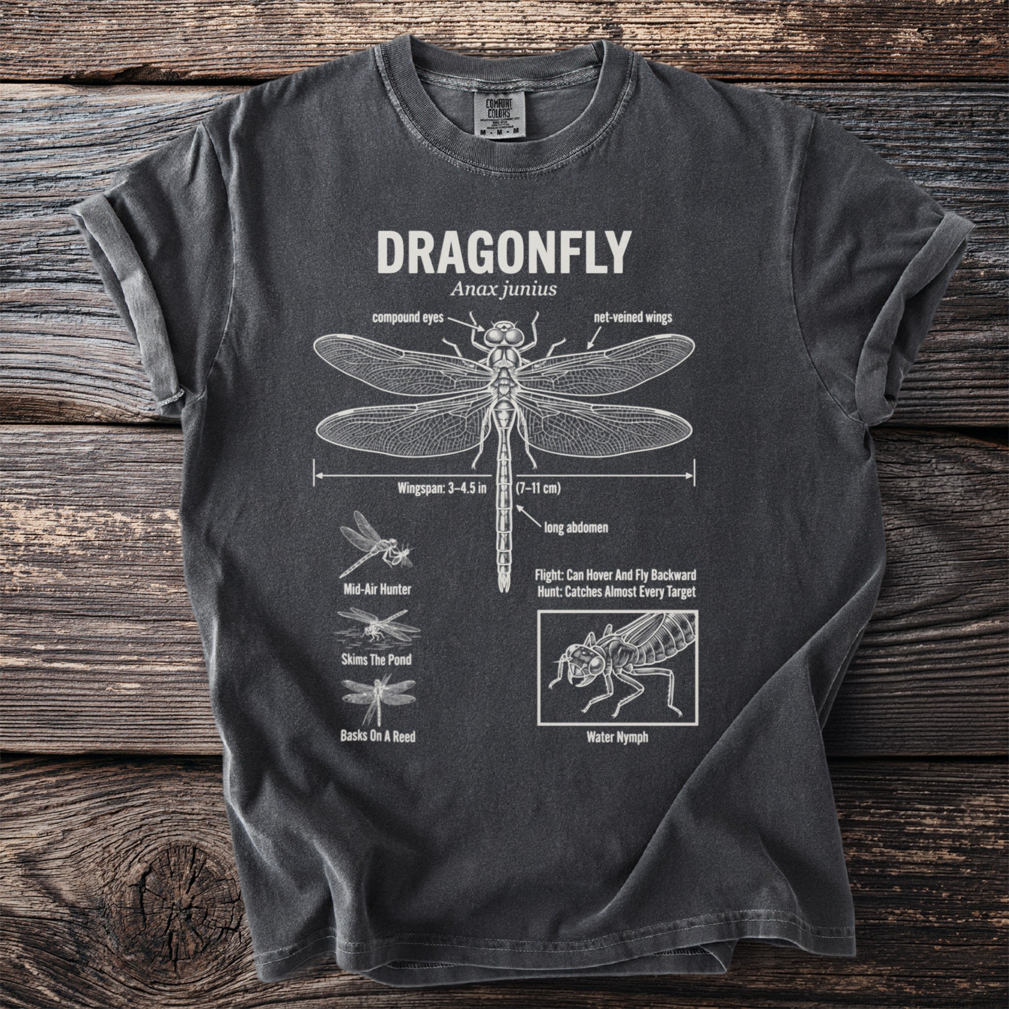 Dark t-shirt featuring a white dragonfly diagram with anatomical labels and behavioral descriptions.
