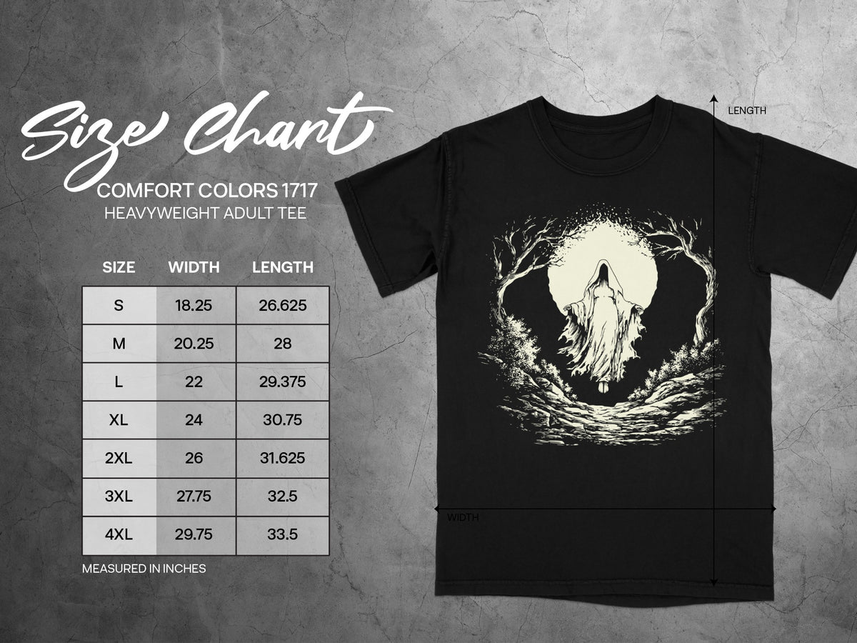 Comfort Colors 1717 heavyweight adult tee size chart with width and length measurements in inches.