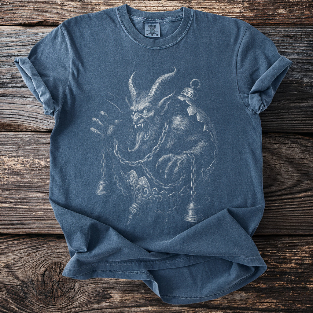 Blue t-shirt with a detailed white illustration of a horned, mythical creature with horns and chains.