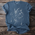Blue t-shirt with a detailed white illustration of a horned, mythical creature with horns and chains.