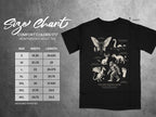 Cryptid Field Guide illustration and size chart for Comfort Colors 1717 heavyweight adult tee.