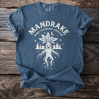 Blue t-shirt with white MANDRAKE graphic, magic root herbal witchcraft, and mandrake plant.