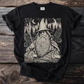 Black t-shirt with a faded print of a wizard, wolves, and eagles in a forest setting.