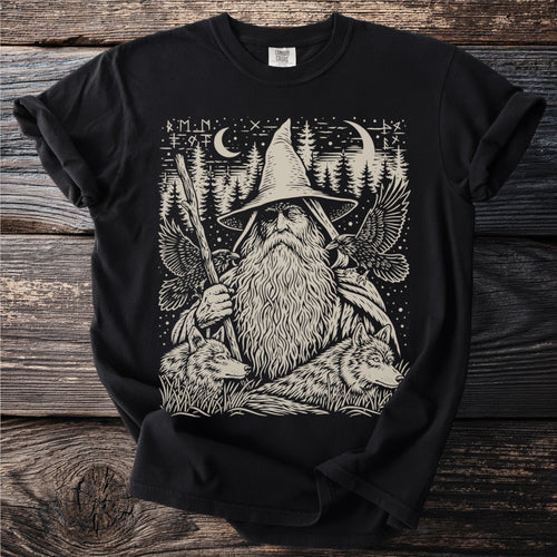 Black t-shirt with a faded print of a wizard, wolves, and eagles in a forest setting.